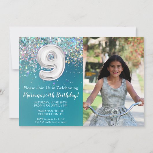 フォト9ティール(緑がかった色)シルバーグリッター誕生日 招待状 (正面)
