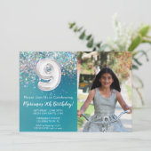 フォト9ティール(緑がかった色)シルバーグリッター誕生日 招待状 (スタンド正面)