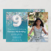 フォト9ティール(緑がかった色)シルバーグリッター誕生日 招待状 (正面/裏面)