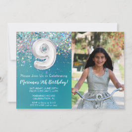 フォト9ティール（緑がかった色）シルバーグリッター誕生日 招待状