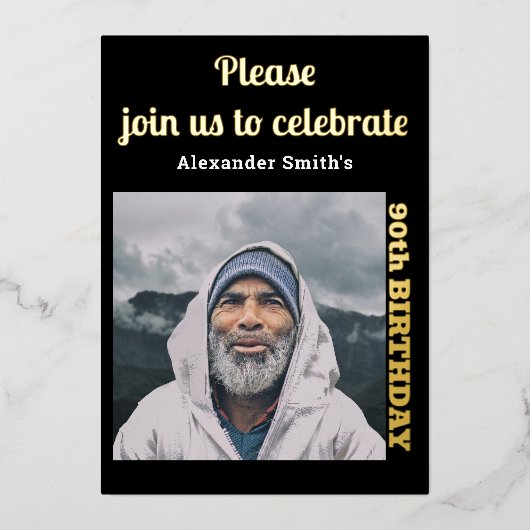 フォト90th誕生日ブラック金ゴールド 箔招待状 (正面)