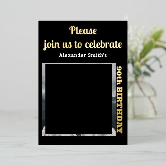 フォト90th誕生日ブラック金ゴールド 箔招待状 (立ち正面)