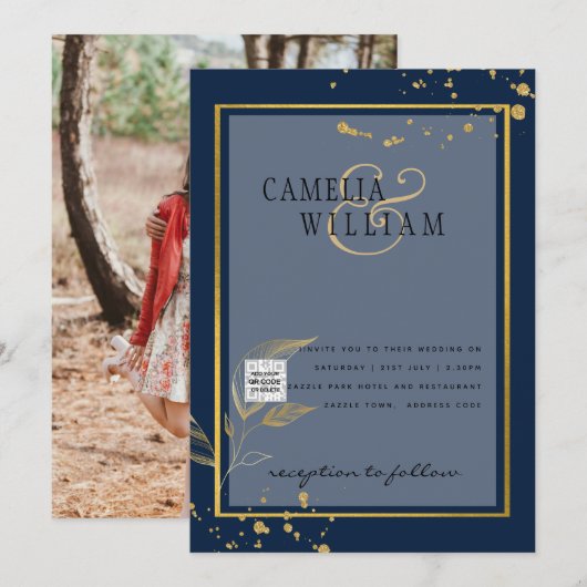 フォト ウェディング ご招待 QRコード 保存 日付 青 招待状 (正面/裏面)