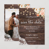 フォト ウッド レース, ライト, ブッシュ ピンク & ピーチ フラワー セーブザデート (正面/裏面)