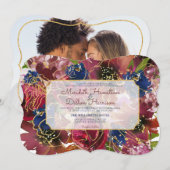 フォト エレガント バーガンディー ブルー ゴールド フラワーズ ウェディング 招待状 (正面/裏面)