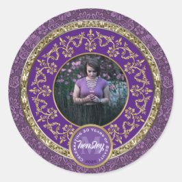 フォト ゴールド クラシック ダマスク 記念 パープル ラウンドシール