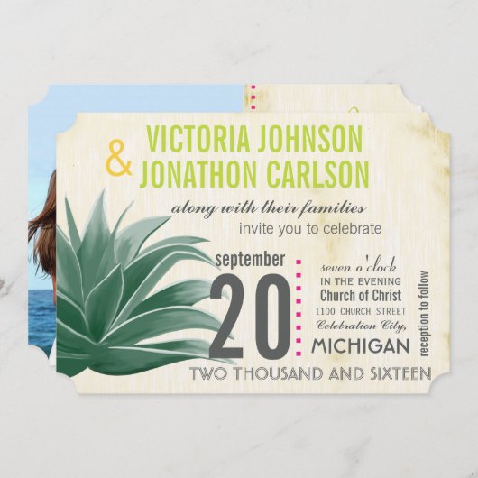 フォト サボテン アロエ ピンク ライム ハイドランジア ウェディング 招待状 (正面/裏面)