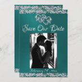 フォト、シルバーハートとグリッター-ティール（緑がかった色） セーブザデート (正面/裏面)