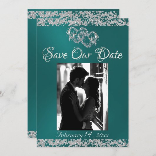 フォト、シルバーハートとグリッター-ティール（緑がかった色） セーブザデート (正面/裏面)