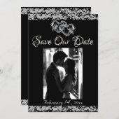 フォト、シルバーハートとグリッター – 黒 セーブザデート (正面/裏面)