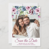 フォト セーブ・ザ・デート ネイビーブルー ワインレッド 花 招待状 (正面)