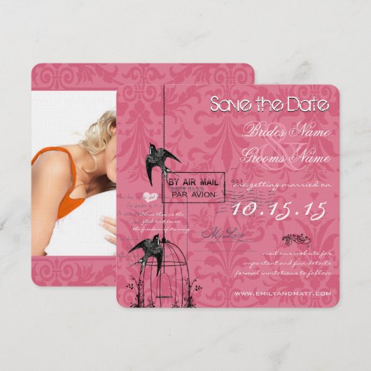 フォト ダマスク バード ケージ ウェディング セーブ ザ デート 招待状 (正面/裏面)