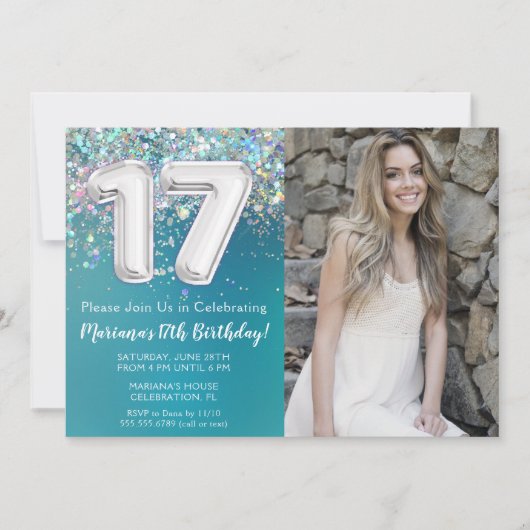 フォト ティールシルバーグリッター 17歳の誕生日 招待状 (正面)