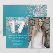 フォト ティールシルバーグリッター 17歳の誕生日 招待状 (正面/裏面)