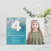 フォト ティールシルバーグリッター 4歳の誕生日招待状 招待状 (スタンド正面)