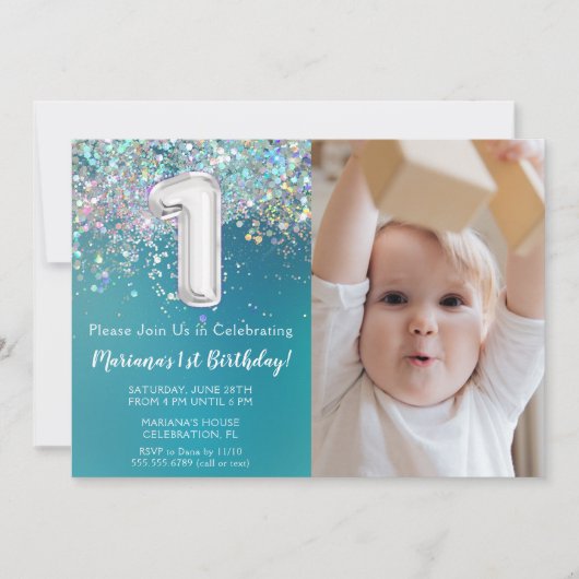 フォト ティール シルバー グリッター 1歳 誕生日パーティー 招待状 (正面)