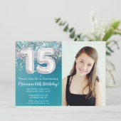 フォト ティール シルバー グリッター 15歳の誕生日パーティー 招待状 (スタンド正面)