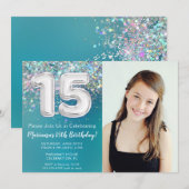 フォト ティール シルバー グリッター 15歳の誕生日パーティー 招待状 (正面/裏面)