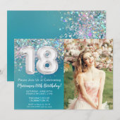 フォト ティール シルバー グリッター 18歳の誕生日 招待状 (正面/裏面)