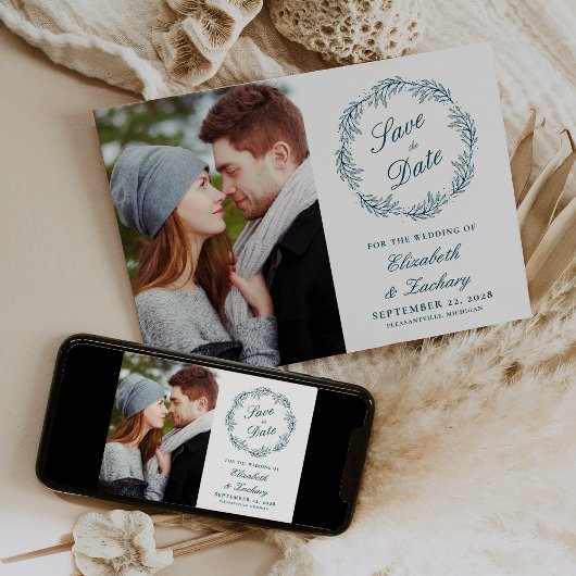 フォト ティール ブルー ボタニカル リース 保存の日 招待状