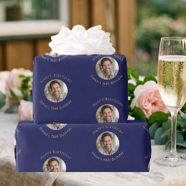 フォト ネイビーブルー ゴールド 誕生日 ラッピングペーパー