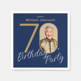 フォト ネイビーブルー ゴールド 70歳の誕生日  スタンダードカクテルナプキン