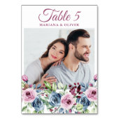フォト ネイビーブルー バーガンディー 花柄 結婚式 テーブルナンバー (裏面)