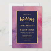 フォト パープル ピンク 水彩 ゴールド ウェディングを追加する 招待状 (正面)