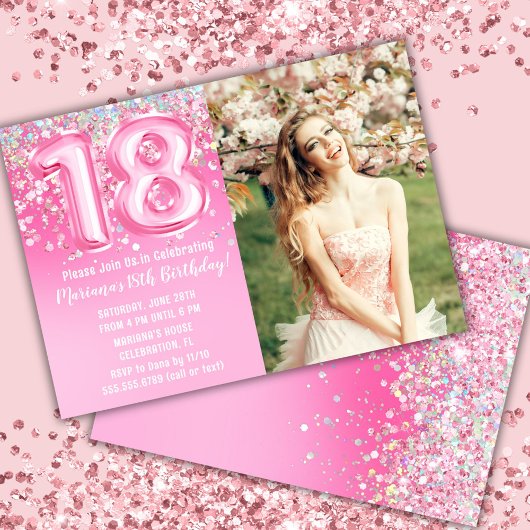 フォト ピンク グリッター 18歳の誕生日 招待状