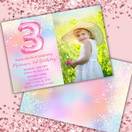フォト ピンク レインボー 3歳の誕生日 招待状