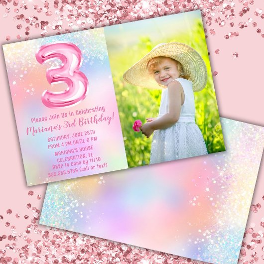 フォト ピンク レインボー 3歳の誕生日 招待状