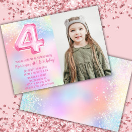 フォト ピンク レインボー 4歳の誕生日 招待状