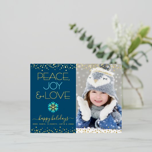 フォト ピース ジョイ ラブ スノーフレーク ネイビーブルー リアルゴールド 箔シーズンポストカード (立ち正面)