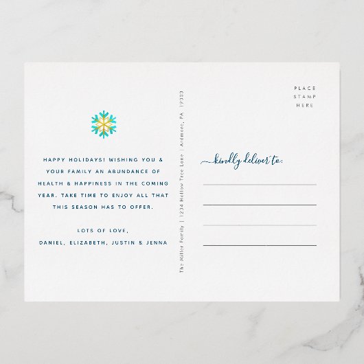 フォト ピース ジョイ ラブ スノーフレーク ネイビーブルー リアルゴールド 箔シーズンポストカード (裏面)