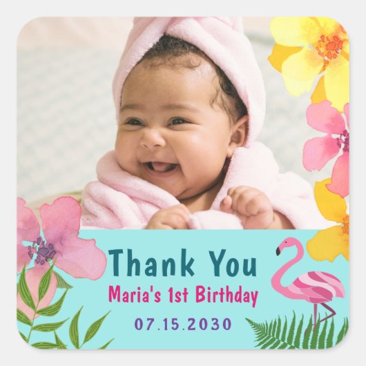 フォト フラミンゴ 1歳の誕生日 ありがとう スクエアシール (正面)
