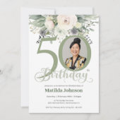 フォト フローラル セージ 50歳の誕生日 招待状 (正面)