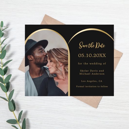フォト ブラック ゴールド ウェディング Save the Date カード