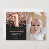 フォト ブラック ローズ ゴールド グリッター 1歳 誕生日 招待状 (正面)