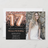 フォト ブラック ローズ ゴールド グリッター 17歳の誕生日 招待状 (正面)