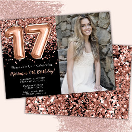 フォト ブラック ローズ ゴールド グリッター 17歳の誕生日 招待状