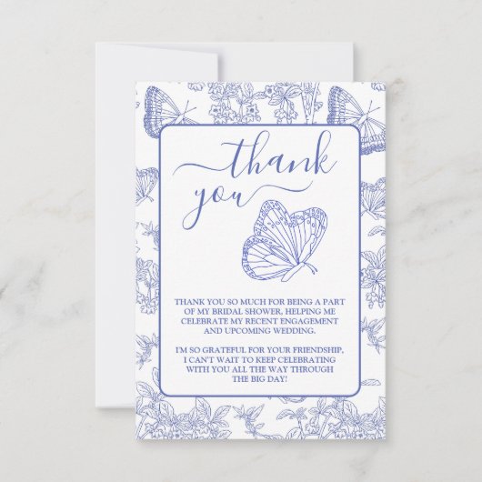 フォト ブルー シノワズリー フラワーブライダルシャワー サンキューカード (正面)