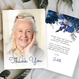 フォト ブルー シルバー フローラル 80歳の誕生日パーティー サンキューカード