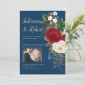フォト ボーホー ネイビーブルーとバーガンディ フラワーズ 招待状 (スタンド正面)