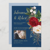 フォト ボーホー ネイビーブルーとバーガンディ フラワーズ 招待状 (正面/裏面)