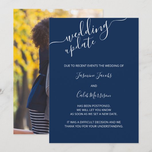 フォト ポストポーネメント カード ネイビー ブルー ウェディング アップデート (正面/裏面)