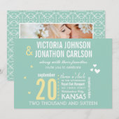 フォト ミントとイエロー モダン タイポグラフィー ウェディング 招待状 (正面/裏面)