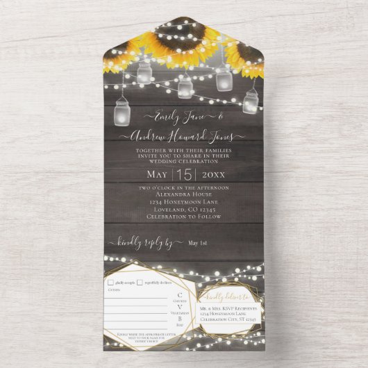 フォト メイソンジャー ひまわり 幾何学 ゴールドフレーム オールインワン招待状 (内側)