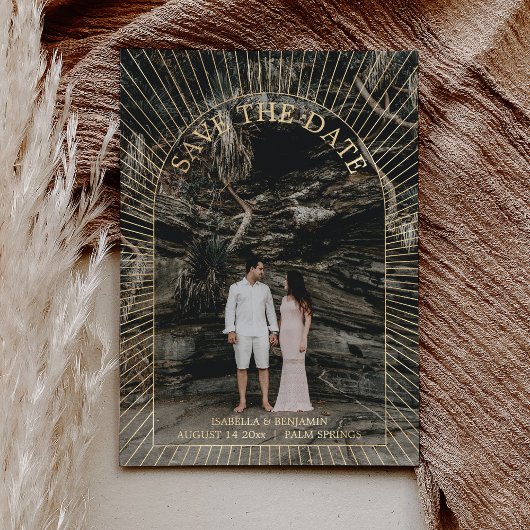 フォト モダン ボーホー アーチ セーブ ザ デート ゴールド 箔招待状