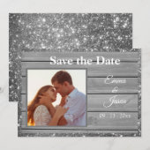 フォト ラスティック グレー グリッター ウッドグレイン タイポグラフィ セーブザデート (正面/裏面)
