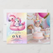 フォト ランbow ユニコーン 1歳 女の子 パステル 招待状 (正面)